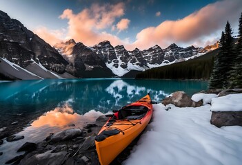 Wall Mural - AI generated illustration of a kayak next to a clear lake in a forest with snowy mountain peaks