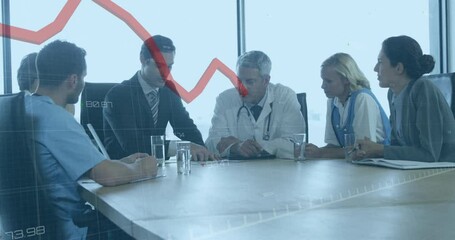 Canvas Print - Animation of red line and financial data processing over diverse business people in office