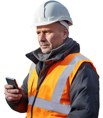 Wall Mural - A Portrait of a builder standing on a scrapped background and smiling at the camera, png.