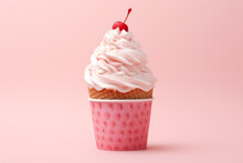 The Photo Shoot Of A Strawberry Vanilla Soft Serve Topped With Cherry And Pink Red Sprinkle Ice Cream Waffle Cones Served In The Cup Isolated On A Pink Background. Generative AI.