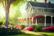 AI generated illustration of a house with a beautiful garden full of bloomed flowers and the US flag