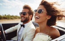 Beautiful Bride And Groom In Sunglasses Driving A Convertible Car