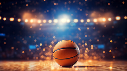 Wall Mural - Close up of basketball ball on a large court arena floor. Basketball stadium. World basketball day