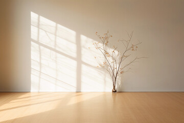 Interior of living room with brown wall and vase with plant