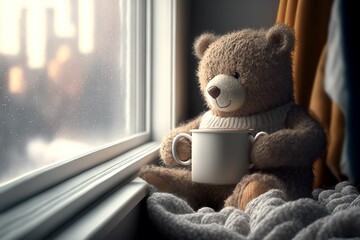ai-generated illustration of a fluffy bear looking out from a window and drinking coffee