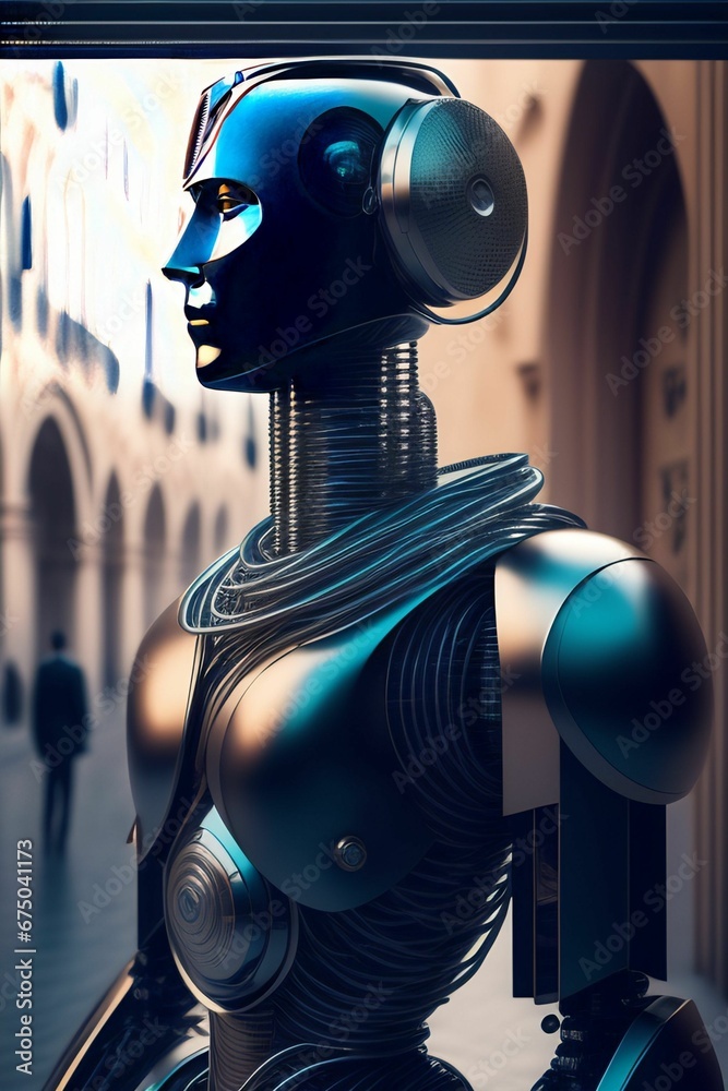 AI generated illustration of a futuristic humanoid robot on the blurred ...