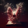 AI-generated abstract illustration of a person devouring a book with doves flying around him