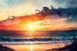 AI-generated illustration of ocean waves touching the shore at sunset