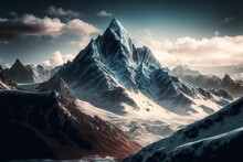 AI Generated Illustration Of Rocky Mountains Covered With Snow At Sunset