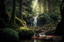 AI Generated Illustration Of A Waterfall Flowing Down Rocks Covered With Greenery In A Forest
