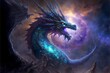 AI generated illustration of a magical furious dragon on the space nebula background