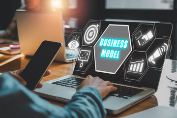 Aufkleber - Business model concept, Business person using laptop computer on office with business model icon on virtual screen, marketing strategy, new business.