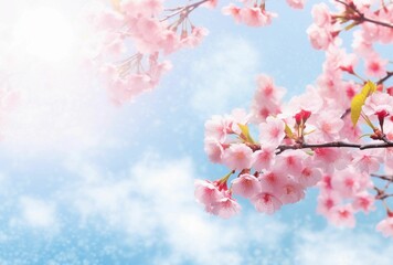 Wall Mural - AI generated illustration of In a vibrant blue sky, a field of delicate pink flowers blooming