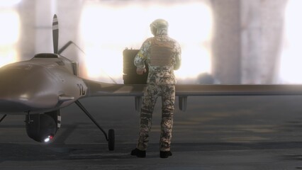 3D render of a a soldier near a military aircraft