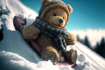 AI generated illustration of a cute teddy bear sledding down a hill