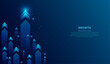 Growth Up arrows in blue futuristic style on dark technology background with glowing dots or stars