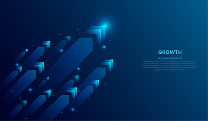 Diagonal stream of growth Up arrows in blue futuristic style on dark technology background with glowing dots or stars