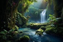 AI Generated Illustration Of A Waterfall Cascading Down The Rocks In A Green Jungle