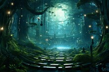 AI Generated Illustration Of An Ethereal Winding Stairway In A Shadowy Forest, Illuminated By Lights