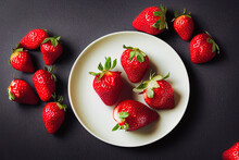 The Image Features An Arrangement Of Fresh Strawberries Prominently Displayed Against A Dark, Almost Black, Background. On A White Plate Positioned Towards The Lower Portion Of The Frame, There Is A S