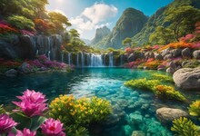 AI Generated Illustration Of A Serene Lake Surrounded By Lush Pink Flowers And Rugged Rocks