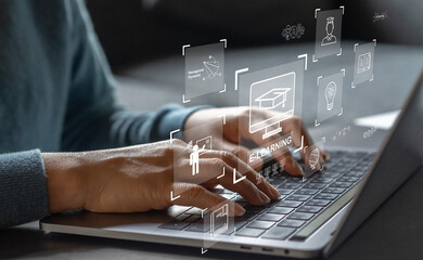 Wall Mural - human use laptop technology internet learning and study online class technology network, e-learning,