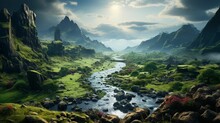 AI Generated Illustration Of A Majestic Landscape With A Green Mountain Range And A Winding River