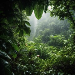 lush, rainforest filled with an array of vibrant green trees and plants during the rain