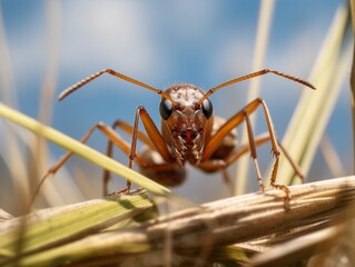 Poster - AI generated illustration of an ant on grass, illuminated by a bright golden sun in the background