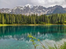 Scenic View Of Lake Carezza In The Dolomites, Italy On A Cloudy Day