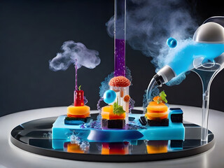 Explore culinary innovation in a molecular gastronomy lab. Avant-garde dishes, scientific experiments, and futuristic equipment create a visual spectacle of food art.