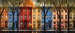 row multicolored houses people walking rain graphics harlem young representing seasons black red color palette doors