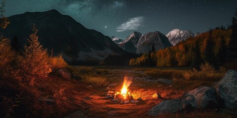 AI-generated illustration of a campfire in the mountains at night