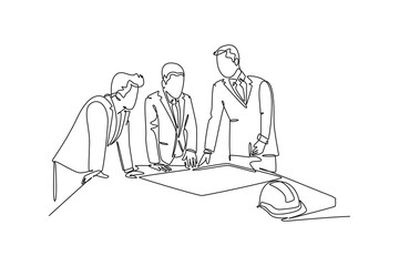 Wall Mural - Single one line drawing young workers talking seriously about company policy around the table. Office employee life discussion concept. Modern continuous line draw design graphic vector illustration