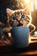 kitty cat kitten sitting cup table excited facial expression mobile drinking tea ultra curiosity trustworthy eyes painfully adorable sweet ready strike prey