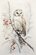 snowy owl perched branch berries white silver portrait mournful tail sprigger