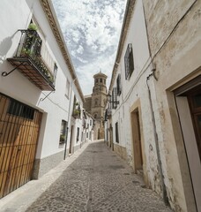 Wall Mural - Medieval stone street in the city of Baeza with the old University Tower in the background. Jaen.