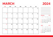 March 2024 Calendar. Week start on Sunday. Desk calendar 2024 design, simple and clean design, Wall calendar for print, digital calendar, Corporate design planner template vector.