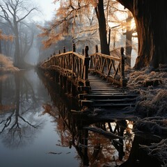 Sticker - a wooden bridge spanning a body of water with trees in the background