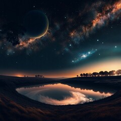 Wall Mural - Night sky illuminated by celestial bodies with the Milky Way in the background, AI-generated.