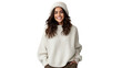 Happy smiling woman in winter clothes on transparent background.