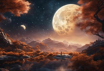 Wall Mural - AI generated illustration of the full moon casting moonlight on a tranquil mountain lake