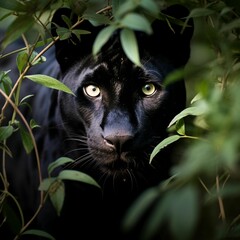 Poster - AI generated illustration of a close-up of a black panther with bright yellow eyes