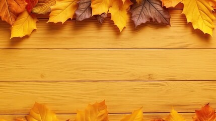 Wall Mural - Beautiful autumn background with fallen leaves on a yellow background