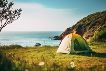 Camping tent and camping equipment on green grass with sea view background