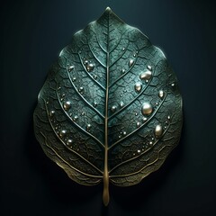 Poster - AI generated illustration of a metal leaf with glistening droplets of water on its shiny surface