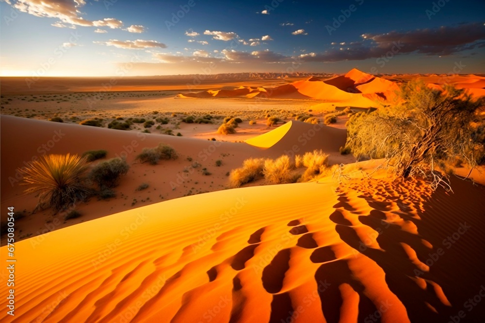 AI generated illustration of dunes in the desert under the sunset sky ...