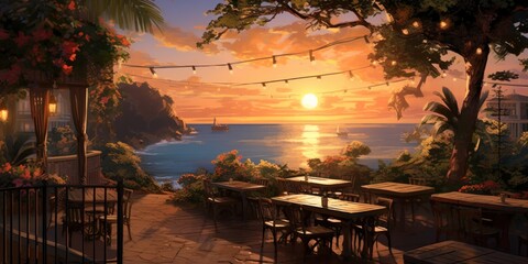 Wall Mural - painting of a restaurant with benches and tables is set up behind a ocean view, generative AI