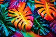 Artistic design using vibrant tropical leaves in fluorescent hues.Bright image.