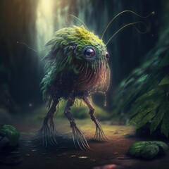 AI-generated illustration of a fantasy insect character in a mysterious forest.